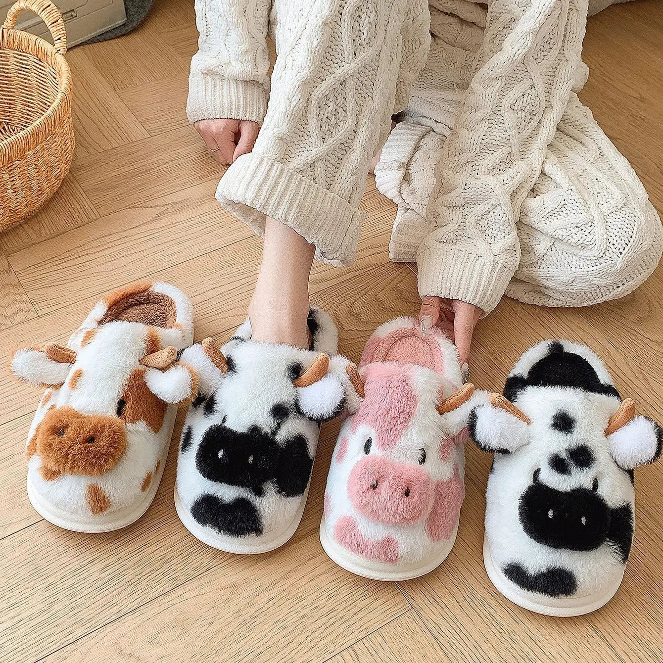 Pallene Women's Cow Milk Furry Slippers, Winter Cartoon Fur Slippers, Soft and Cozy Plush House Shoes, Cute Furry Flip Flops for Female Bedroom
