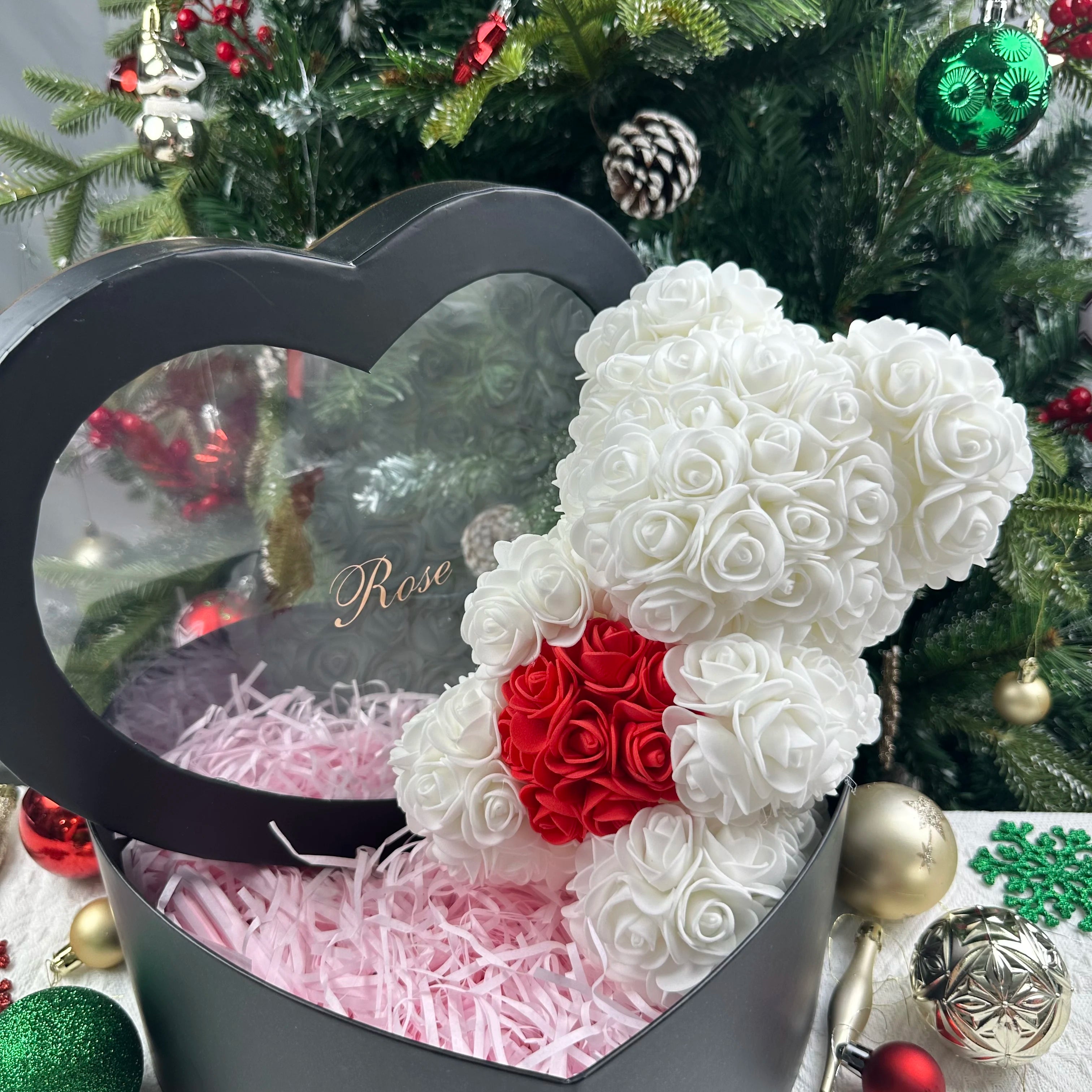 25cm Artificial Pink Flower Teddy Bear with Box, Romantic Valentine's Day Gift, Wedding and Anniversary Party Supplies for Girlfriend and Woman
