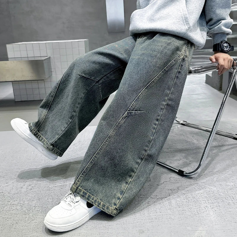 Vintage Blue Loose Fit Curved Jeans for Boys, Stylish Teen Wide Leg Jeans, Fashionable Casual Loose Jeans for Kids