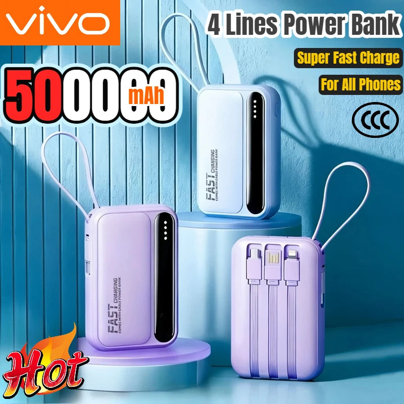 VIVO 500000mAh High Capacity Portable External Battery with Super Fast Charging and 4 Built-in Cables for All Phones
