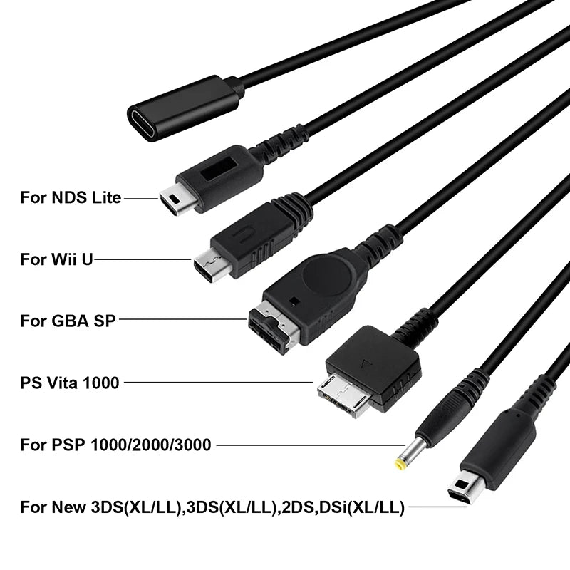 Cable de carga de juego USB 6 en 1 para NDS Lite / Wii U / Nuevo cables de cargador 3DS XL LL /2DS / GBA SP / PSP / PSV