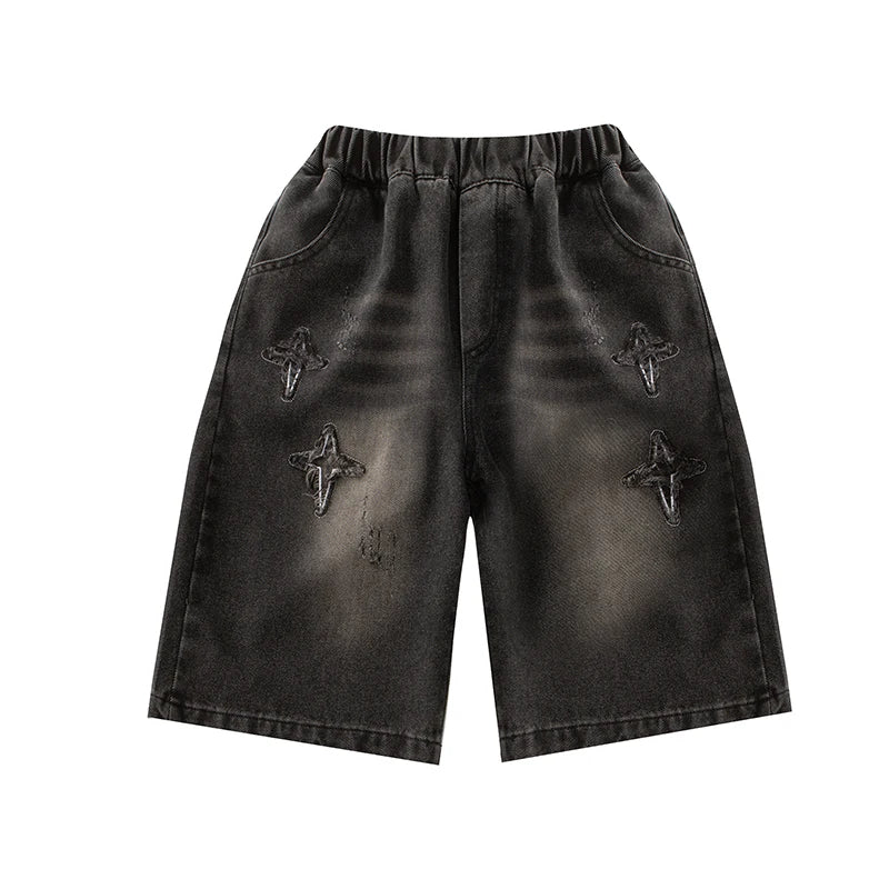 NEW FOR SUMMER 2021, trendy denim shorts for boys with star pattern, casual cropped jeans for children aged 5-14 years