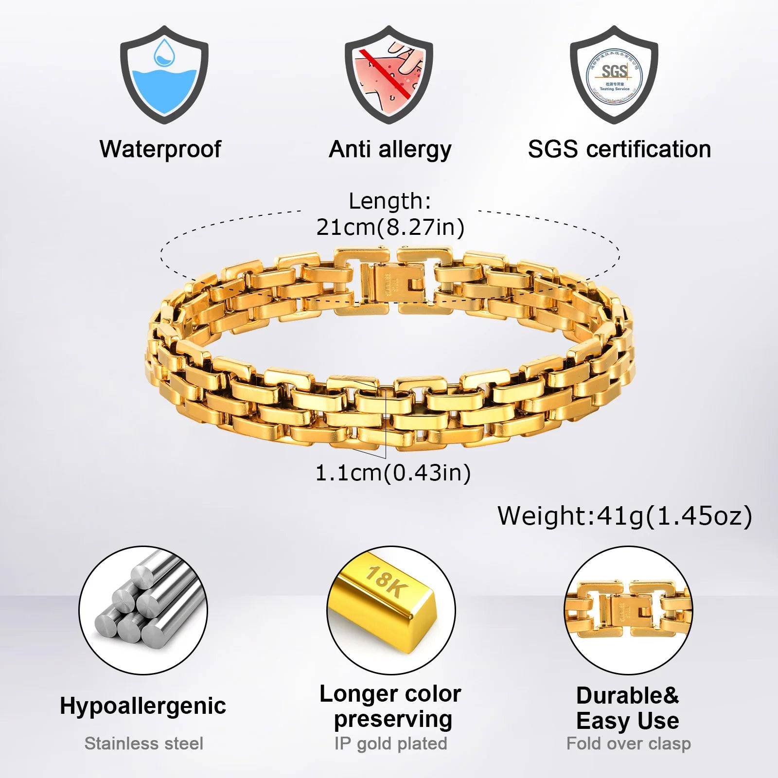 Gold Color Chain Bracelet for Men and Boys, Stainless Steel Chain Bangle, Jewelry Gift for Husband, Father, Son