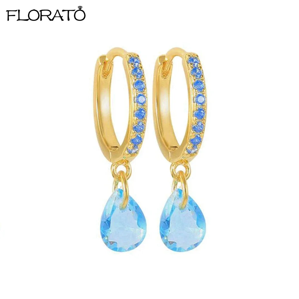 Pendientes de aro con colgante de gota de agua para mujer, aretes de plata 925, Piercing de circonita cúbica colorida, joyería de tendencia 2023, venta al por mayor - CR mark