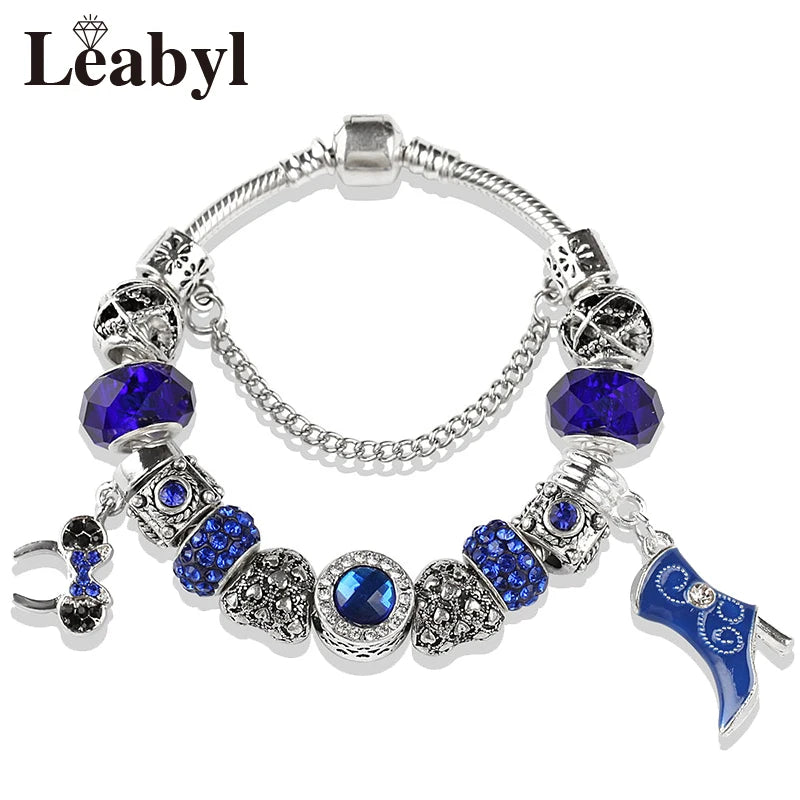 Beautiful pink crystal Disney Mickey and Minnie charm bracelet, silver-tone heart bead bracelet for women and girls, fashionable jewelry gift