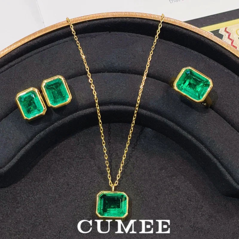 CUMEE Conjunto de joyería de plata 925 personalizado, pendiente de Esmeralda sintética cultivada para joyería de mujer, chapado en oro amarillo de 18 quilates - CR mark
