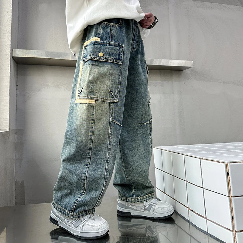 New design, relaxed fit straight leg cargo jeans for teen boys, loose jeans with pocket, casual pants for kids