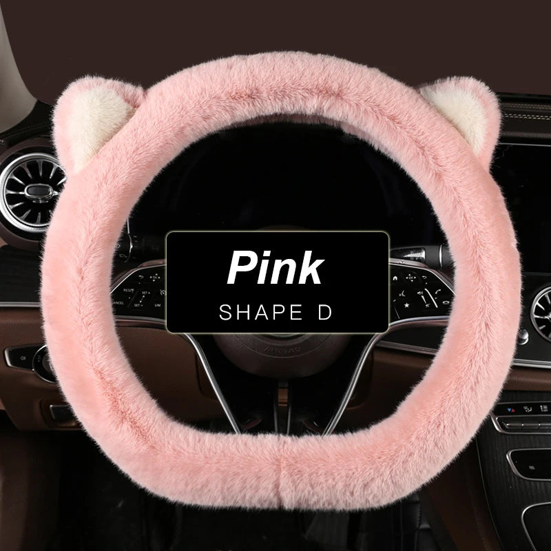 Car Steering Wheel Protector, Universal, Non-Slip, Plush Cat Ears, Warm Steering Wheel Cover, 38cm, Cute Pink Shape OD