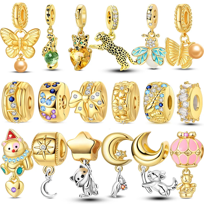 Cuentas de dijes originales de Plata de Ley 925, leopardo dorado, luciérnaga, mariposa, globo aerostático, cuentas aptas para pulsera DIY, joyería fina - CR mark