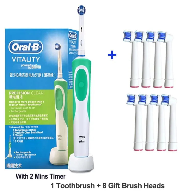 Oral-B electric toothbrush with 2D rotating vibration, cleaning, charging, cross-bristle design, oral care, 4 free brush heads included