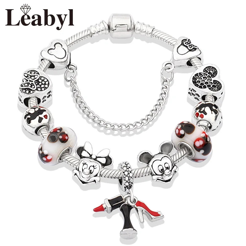 Beautiful pink crystal Disney Mickey and Minnie charm bracelet, silver-tone heart bead bracelet for women and girls, fashionable jewelry gift