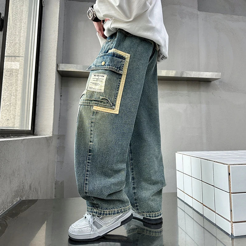New design, relaxed fit straight leg cargo jeans for teen boys, loose jeans with pocket, casual pants for kids