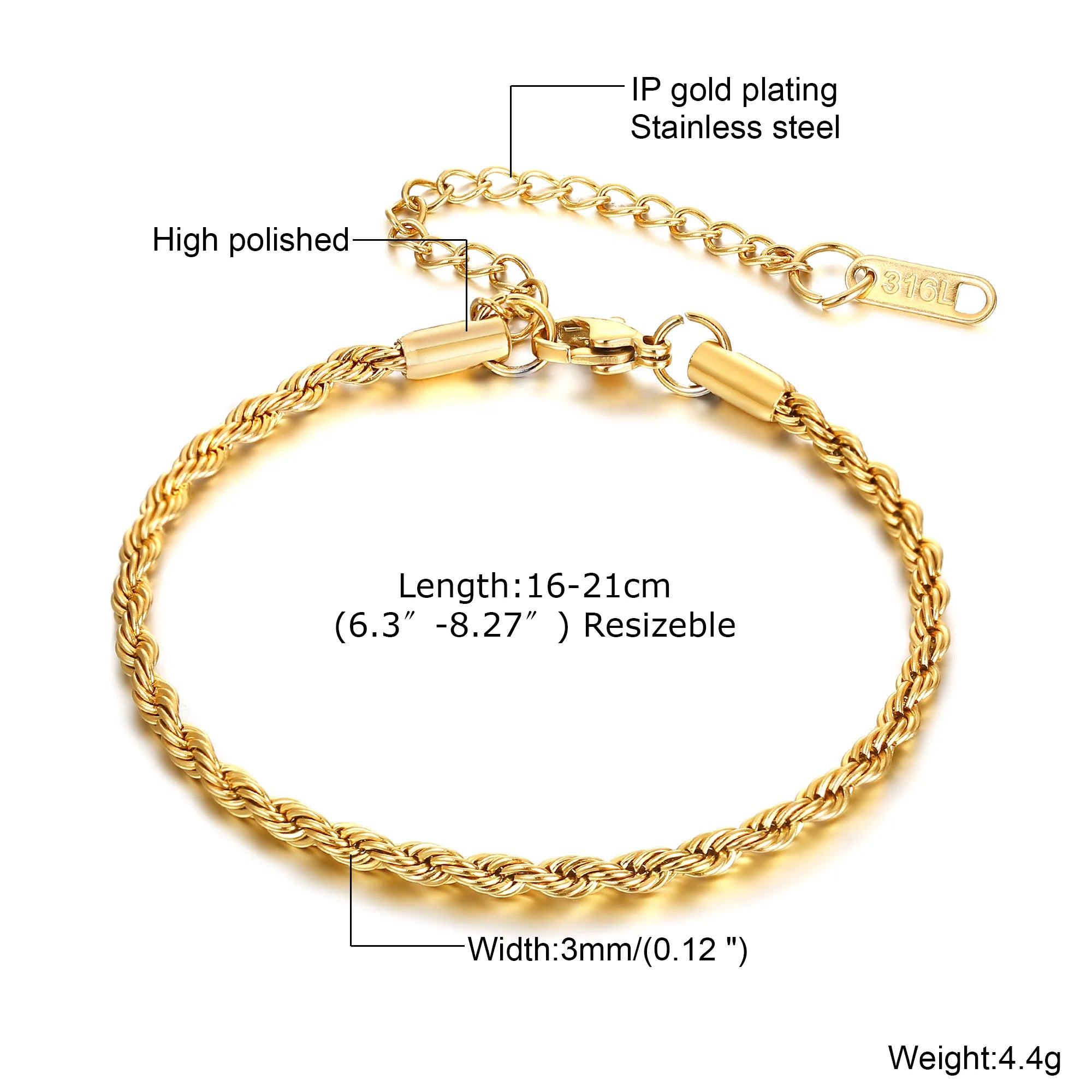 Gold Color Chain Bracelet for Men and Boys, Stainless Steel Chain Bangle, Jewelry Gift for Husband, Father, Son