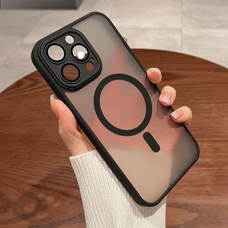 Luxury Magnetic Lens Protector, Matte Translucent Case for iPhone 17 16 15 14 13 12 11 Pro Max with Magsafe Wireless Charger Cover