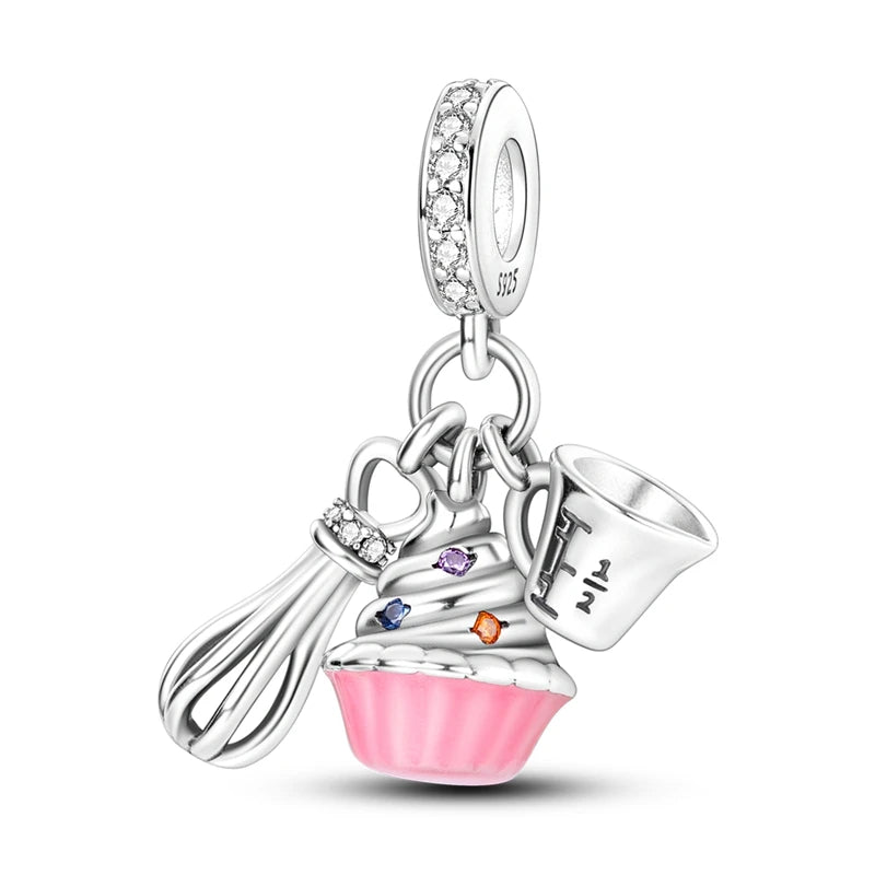 925 Plata de Ley Serie Rosa Charms Pajarita Niña Pastel Princesa Cuentas Colgante Ajuste Original Pulsera DIY Joyería Regalo Para Mujer