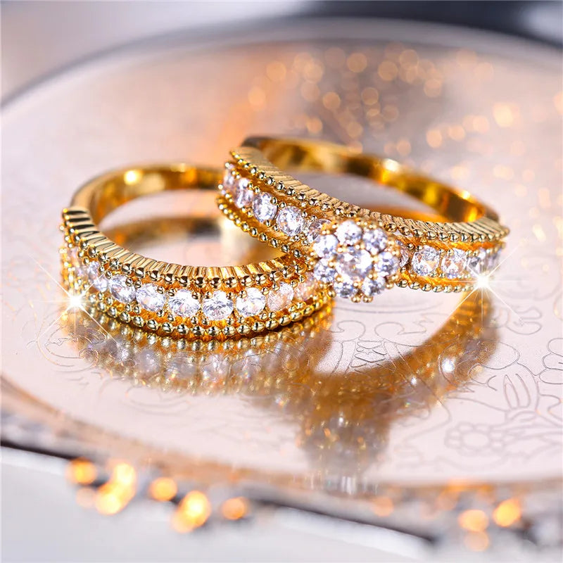 Conjunto de anillos redondos blancos de lujo para mujer, joyería de compromiso de Color oro amarillo a la moda, regalo de boda para novia - CR mark