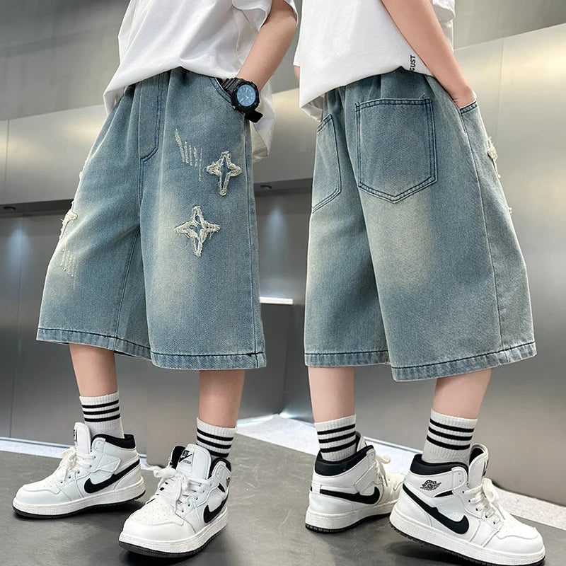 NEW FOR SUMMER 2021, trendy denim shorts for boys with star pattern, casual cropped jeans for children aged 5-14 years