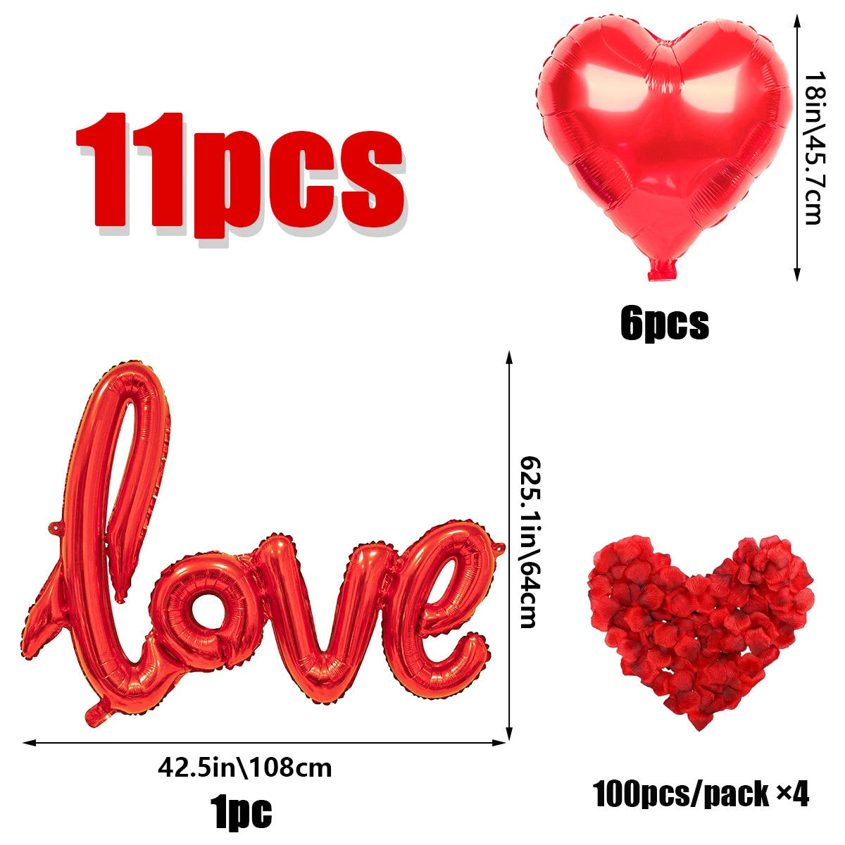 Red "love" letter balloon set, 407 pieces, 18-inch heart-shaped balloon, rose petals, Valentine's Day party, anniversary decoration