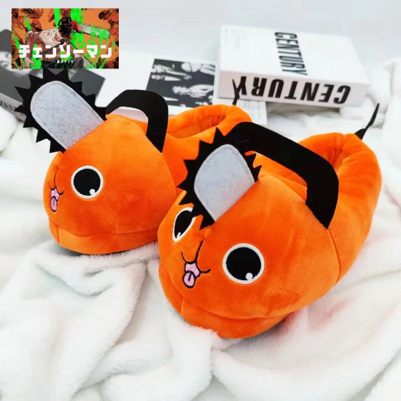 Pochita Plush Slippers for Men and Women, Anime Chainsaw Shoes, Pochita Soft Orange Dog Stuffed Animal for Adults, Christmas Gift