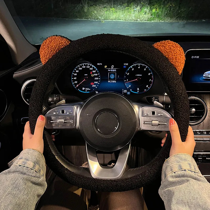 New Winter Warm Soft Plush Cartoon Bear Ear Car Interior Accessories 38cm Car Steering Wheel Protector Hand Cover