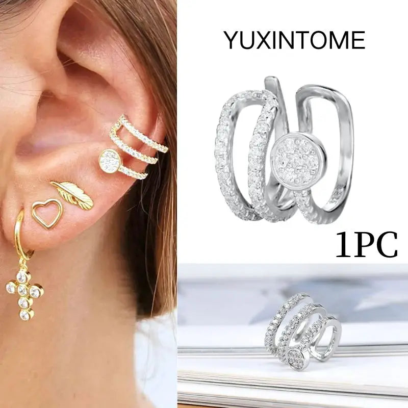 Pendientes chapados en oro de 24K para mujer, aretes con Clip de piedra de circón de cristal, joyería de lujo en forma de C, bisutería, 1 ud. - CR mark