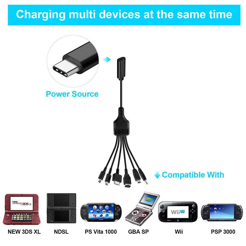 Cable de carga de juego USB 6 en 1 para NDS Lite / Wii U / Nuevo cables de cargador 3DS XL LL /2DS / GBA SP / PSP / PSV