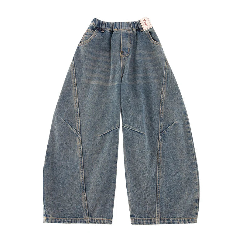 Vintage Blue Loose Fit Curved Jeans for Boys, Stylish Teen Wide Leg Jeans, Fashionable Casual Loose Jeans for Kids