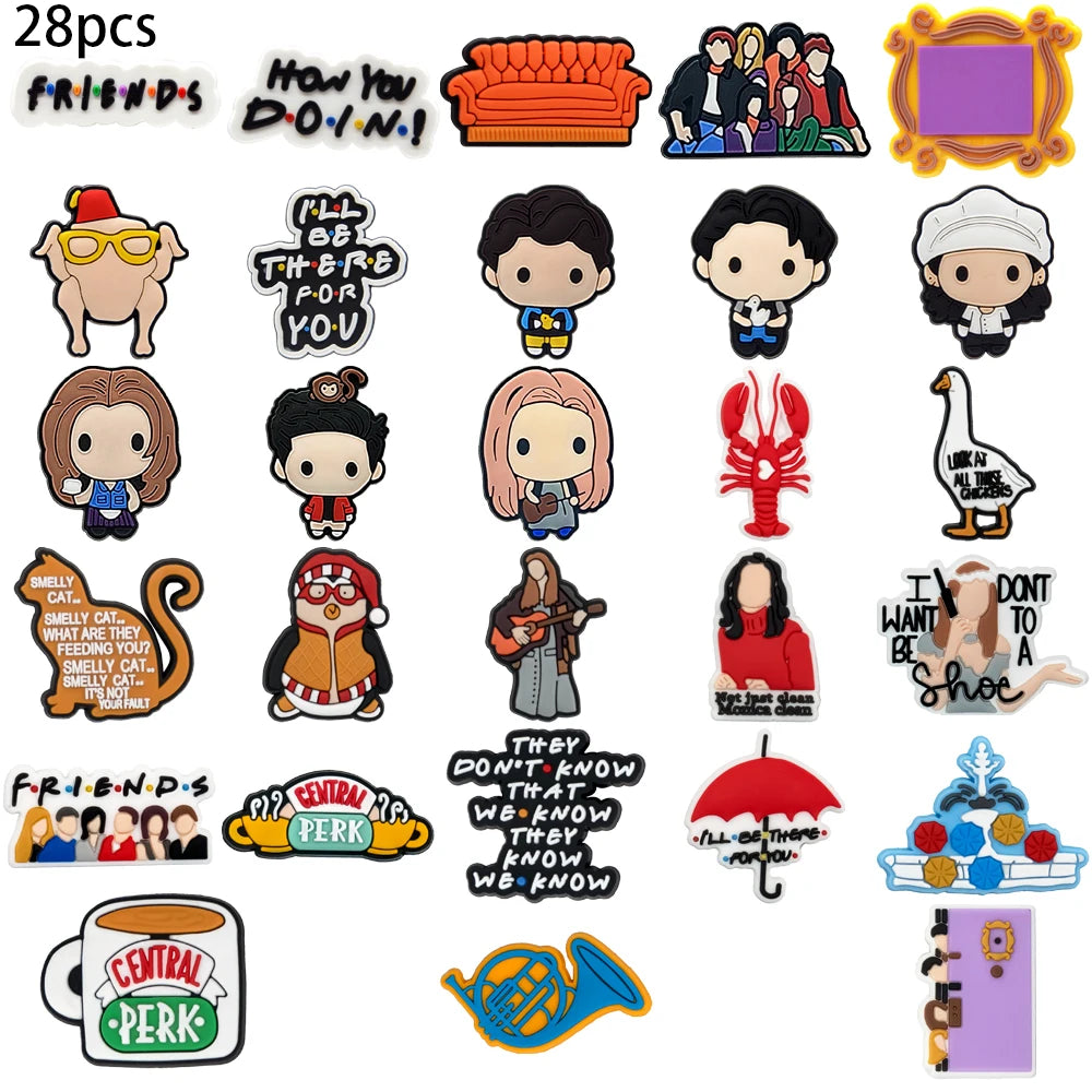 1-28 Pcs PVC Friends Shoe Charms for Women and Men Rachel Monica, Classic American Movie Clog Buckles for Sandals, Shoe Decoration Pins