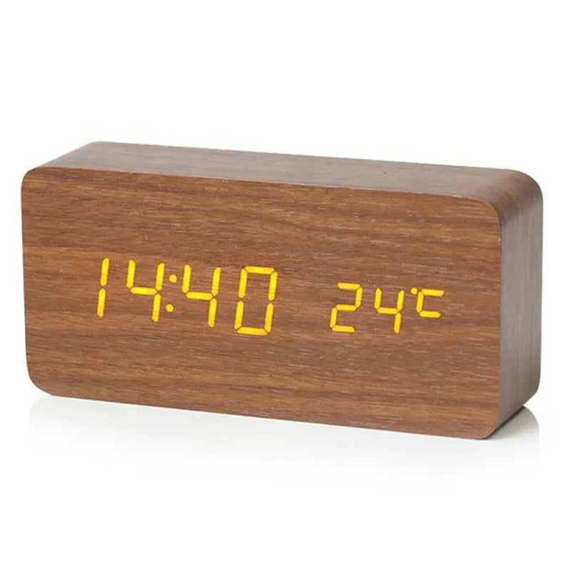 Wooden Digital Alarm Clock, LED Alarm Clock with Temperature Display for Office Desk, Night Clock