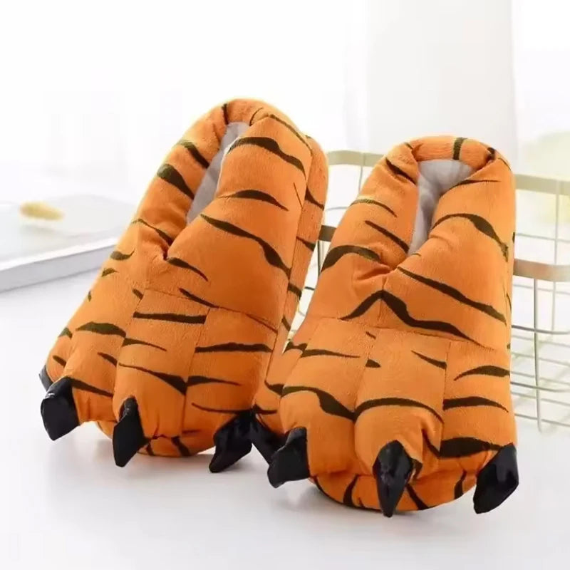 Soft and warm indoor slippers for men and women, paw print shoes, funny animal, Christmas monster, dinosaur claw, random plush lining for home, winter