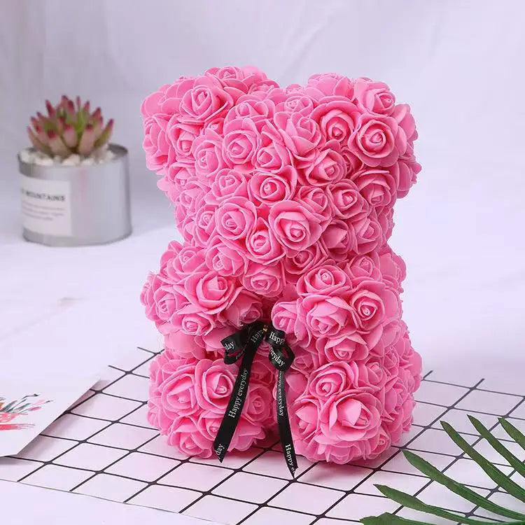 25cm Artificial Pink Flower Teddy Bear with Box, Romantic Valentine's Day Gift, Wedding and Anniversary Party Supplies for Girlfriend and Woman