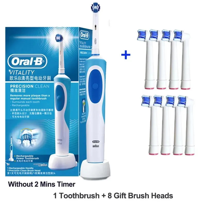 Oral-B electric toothbrush with 2D rotating vibration, cleaning, charging, cross-bristle design, oral care, 4 free brush heads included