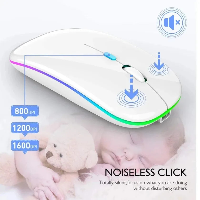 Rechargeable Silent Wireless Mouse, LED Backlit Mouse, Laptop Mouse, 2.4GHz Receiver, Bluetooth, Dual Mode, Optical