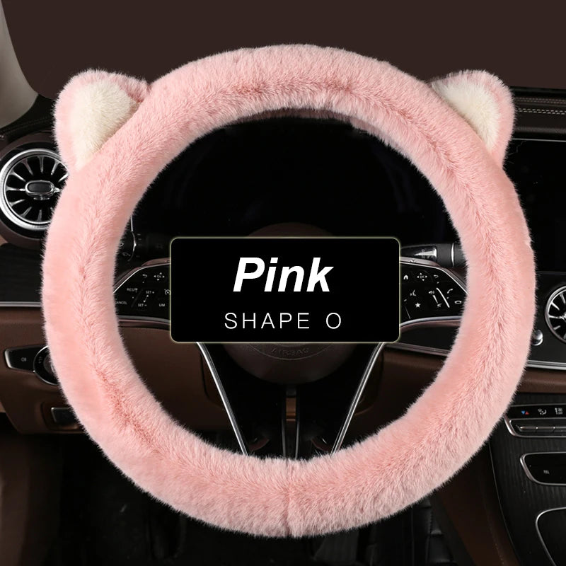 Car Steering Wheel Protector, Universal, Non-Slip, Plush Cat Ears, Warm Steering Wheel Cover, 38cm, Cute Pink Shape OD