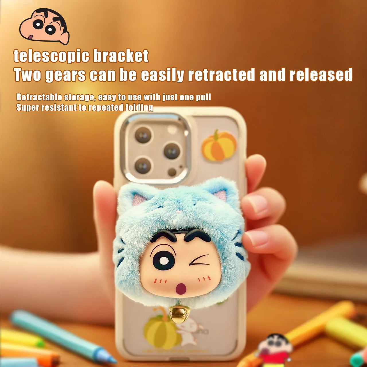 Crayon Shinchan Soporte para teléfono con muñeco de peluche lindo 360 °   Soporte para teléfono de oficina portátil giratorio, escalable y plegable