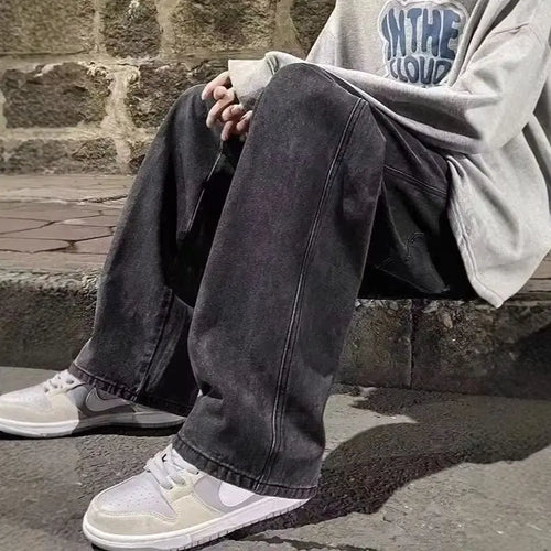 2025 Jeans para hombre versión coreana pantalones casuales para estudiantes High Street pantalones vaqueros rectos sueltos de pierna ancha negro gris azul pantalones vaqueros holgados - CR mark