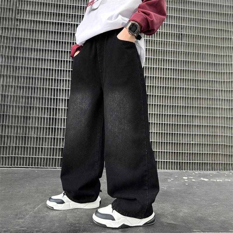 Nueva moda, pantalones vaqueros negros con dibujo para niños y niñas, ropa de calle informal, pantalones vaqueros Unisex para niños, pantalones vaqueros rectos