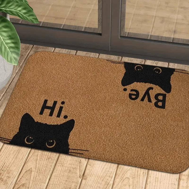 Felpudo VIKAMA con texto 'Hui' y 'Bye' Adorable alfombrilla para puerta con cara de gato negro, lavable a máquina y fácil de limpiar, decoración del hogar