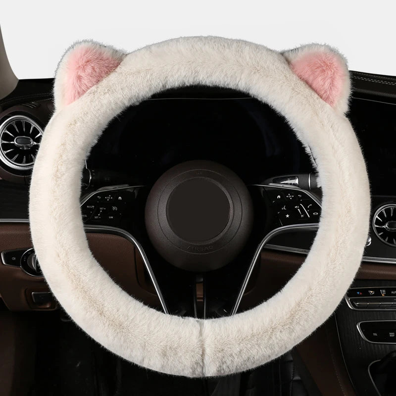 Car Steering Wheel Protector, Universal, Non-Slip, Plush Cat Ears, Warm Steering Wheel Cover, 38cm, Cute Pink Shape OD