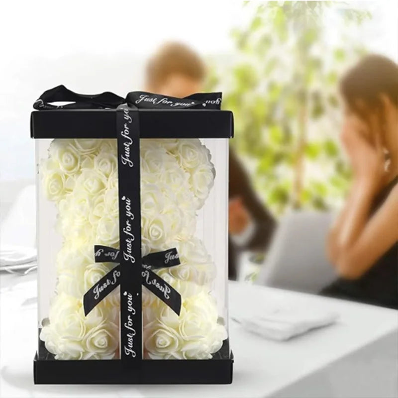 25cm Artificial Pink Flower Teddy Bear with Box, Romantic Valentine's Day Gift, Wedding and Anniversary Party Supplies for Girlfriend and Woman