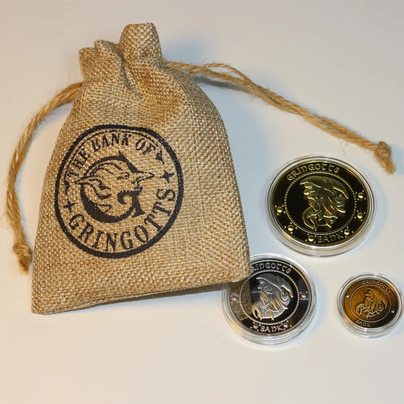 Harries Potters película Perímetro Gringotts moneda conmemorativa insignia oro elfo dinero bolsa oro Galleon regalos de cumpleaños coleccionables - CR mark