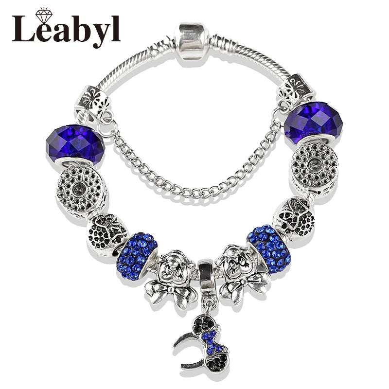 Beautiful pink crystal Disney Mickey and Minnie charm bracelet, silver-tone heart bead bracelet for women and girls, fashionable jewelry gift