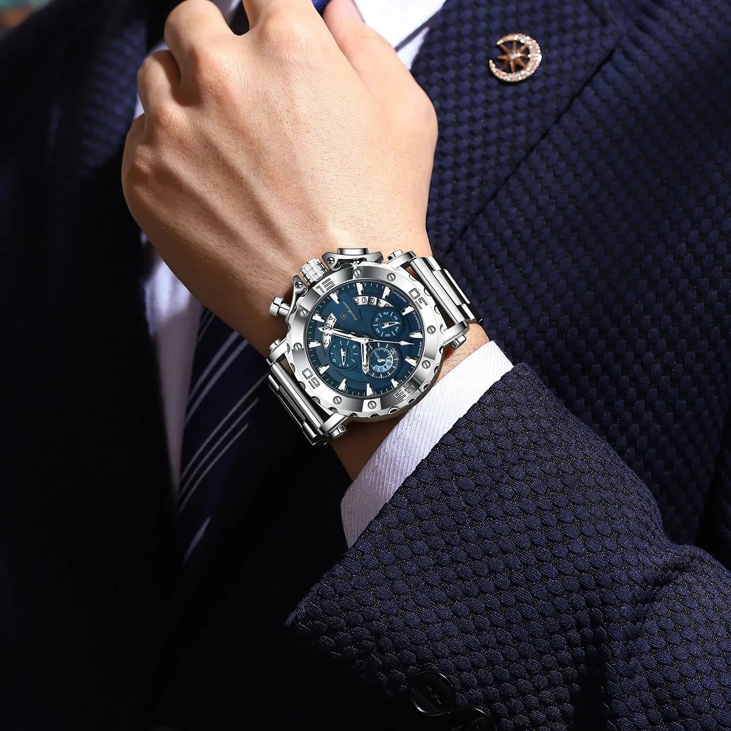 POEDAGAR Luxury Men's Watch, Luminous Calendar, Water Resistant, Men's Chronograph, Stainless Steel Quartz Watch for Men