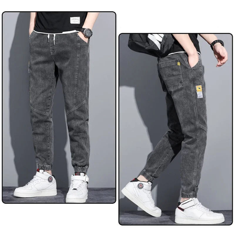 Men's stretch jeans with drawstring, men's harem jeans with tied feet, designer cargo jeans, casual slim-leg jeans for everyday wear