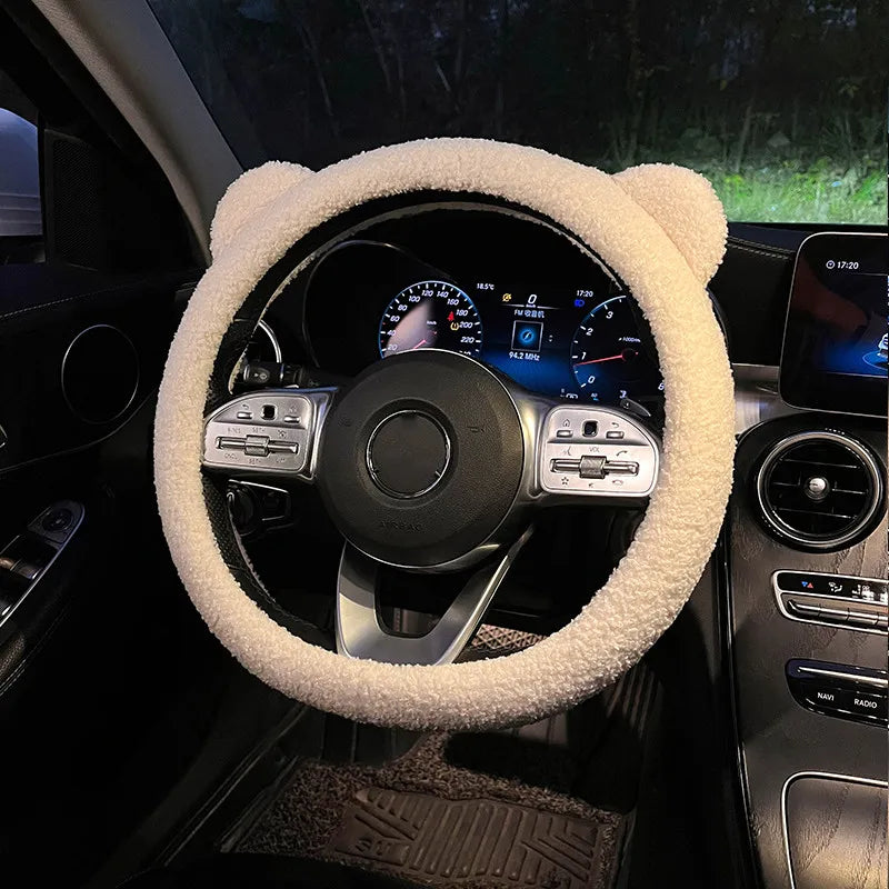 Nuevo Invierno cálido suave felpa dibujos animados oso oreja accesorios interiores del coche 38cm protector para volante de coche cubierta de mano
