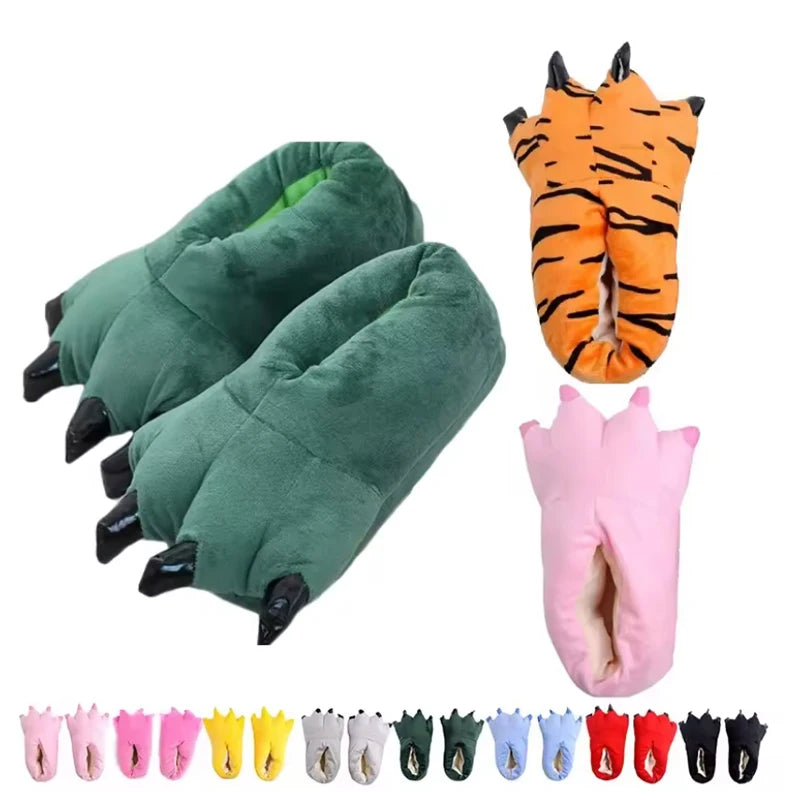 Soft and warm indoor slippers for men and women, paw print shoes, funny animal, Christmas monster, dinosaur claw, random plush lining for home, winter
