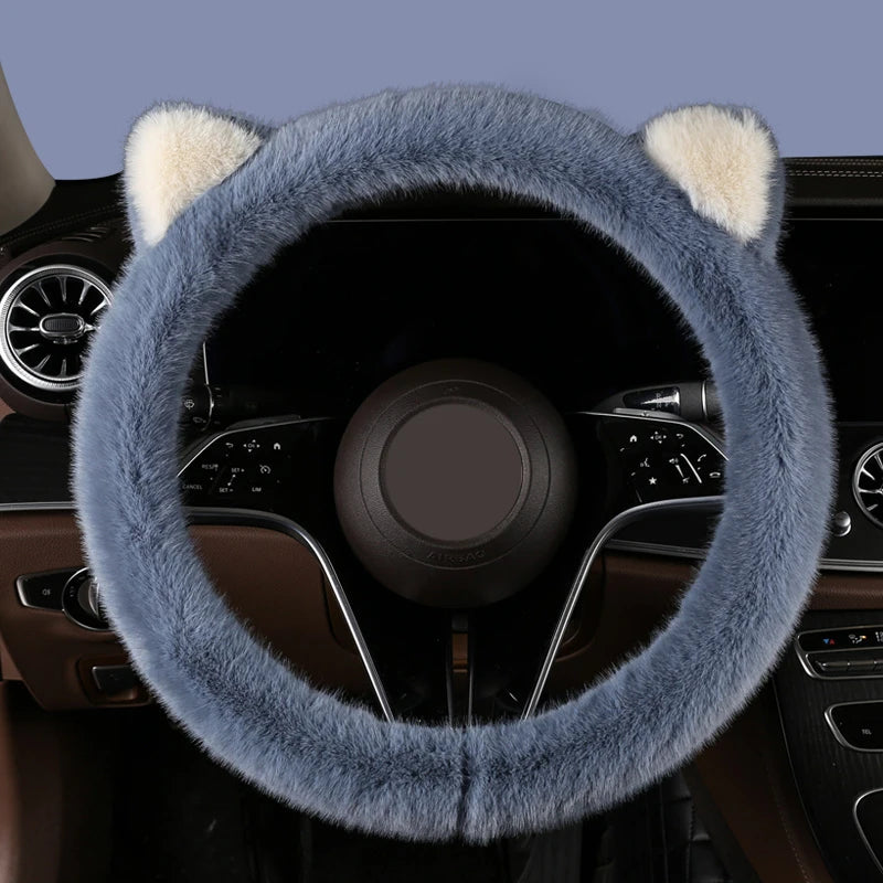 Car Steering Wheel Protector, Universal, Non-Slip, Plush Cat Ears, Warm Steering Wheel Cover, 38cm, Cute Pink Shape OD