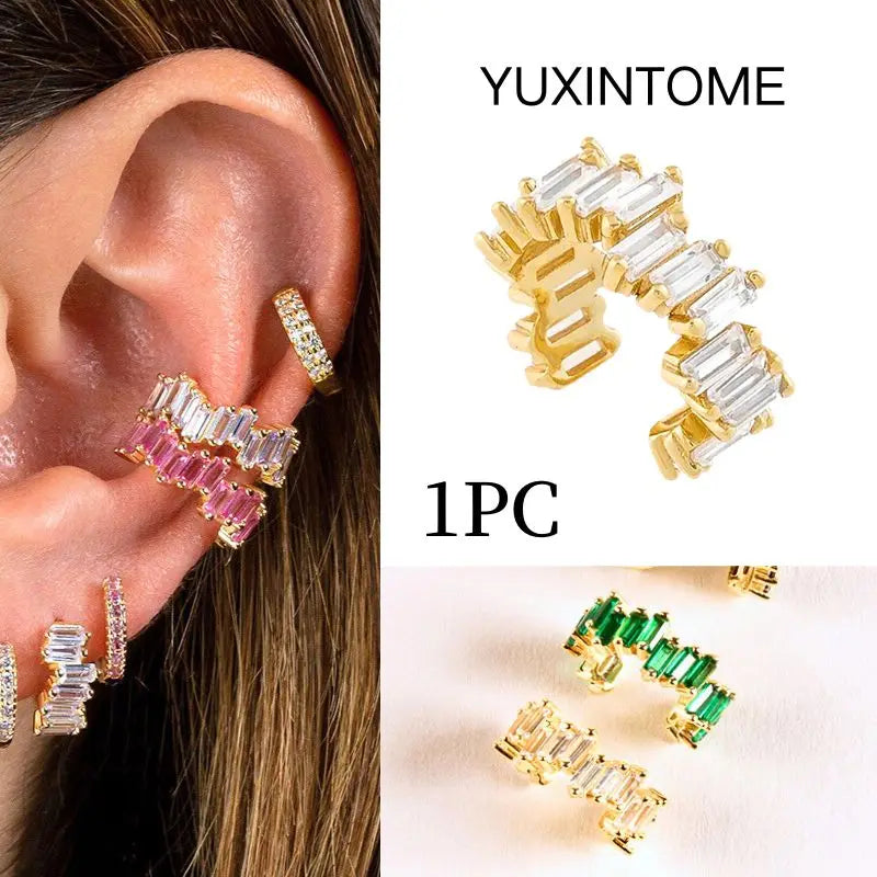 Pendientes chapados en oro de 24K para mujer, aretes con Clip de piedra de circón de cristal, joyería de lujo en forma de C, bisutería, 1 ud. - CR mark