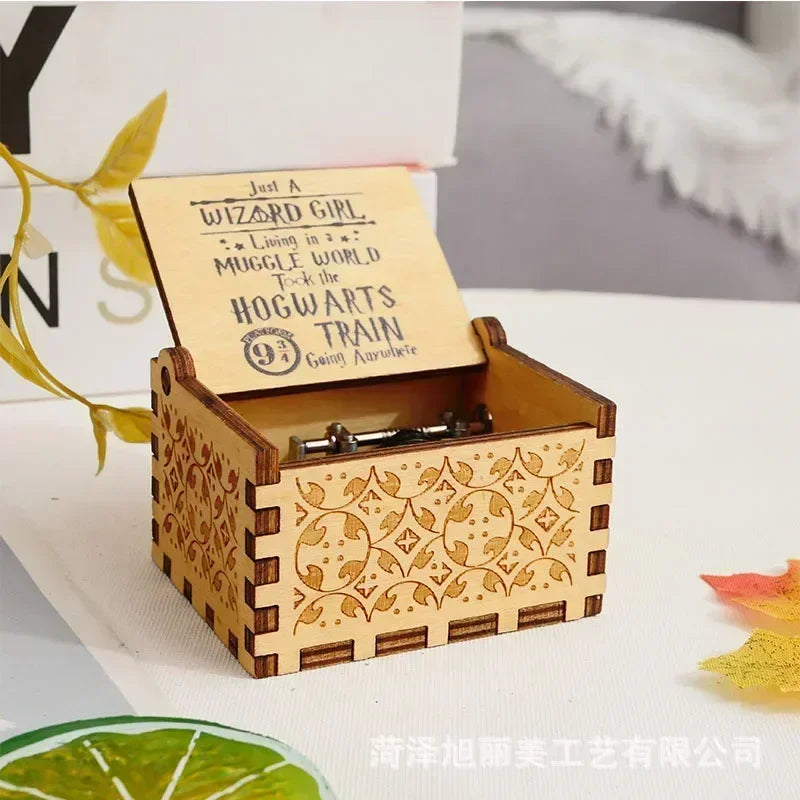 Harry Potter themed hand-crank music box, antique carved wooden hand-crank music box figurine, happy Halloween birthday gift