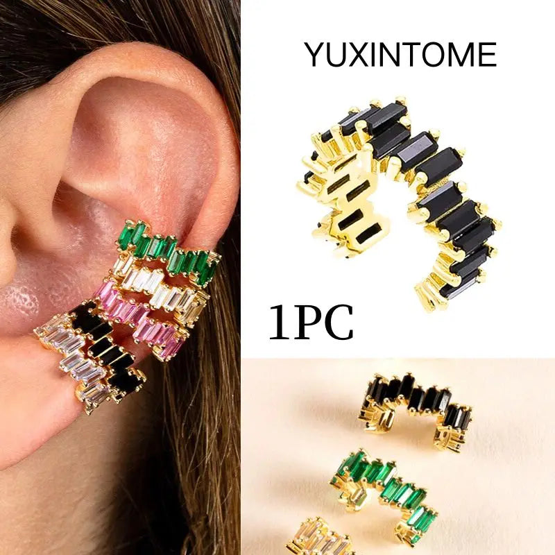 Pendientes chapados en oro de 24K para mujer, aretes con Clip de piedra de circón de cristal, joyería de lujo en forma de C, bisutería, 1 ud. - CR mark